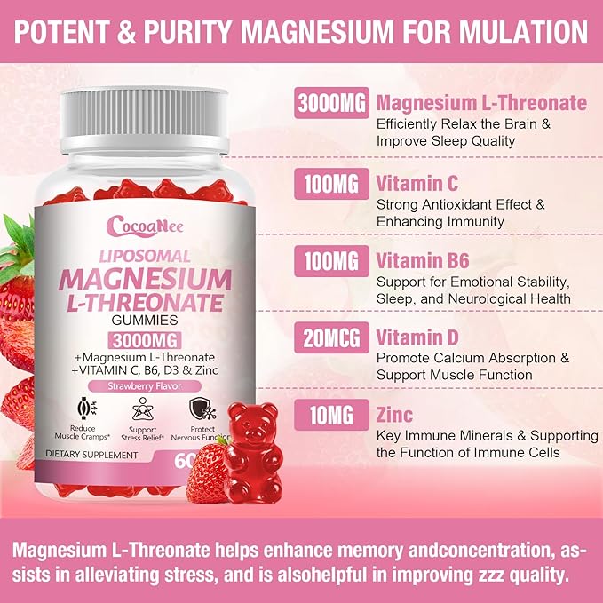 3000mg Liposomal Magnesium Threonate Gummies Magnesium Glycinate Supplements Liposomal Enhance 98% Absorption Intestinal Tolerance Muscle &amp Nervous System Support for Adults