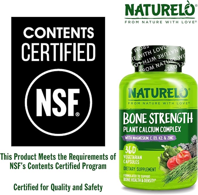 NATURELO Calcium Supplement - with Vitamin C Vitamin D3 K2 and Calcium Magnesium Zinc for Bone Strength with Calcium 600mg - Plant-Based 360 Vegetarian Capsules Non-GMO Soy &amp Gluten-Free