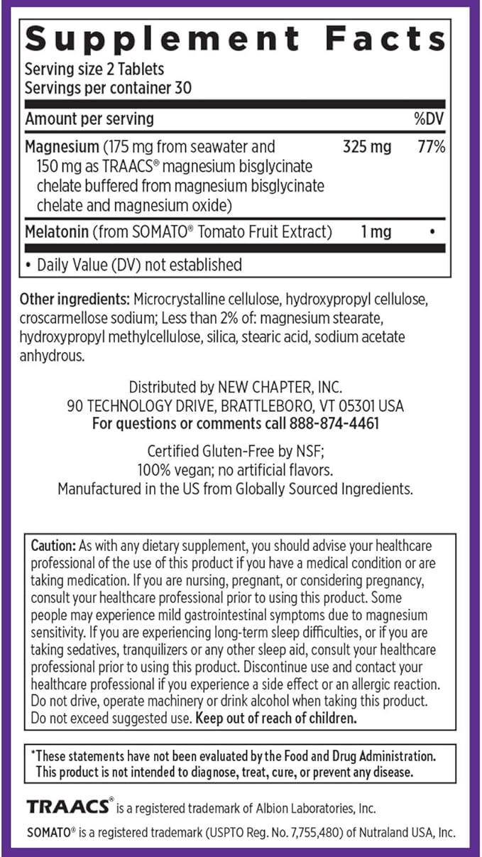 New Chapter Magnesium + Plant-Based Melatonin Supplement with 2.5X Better Absorption Magnesium Glycinate &amp Non-GMO Melatonin 1 mg from Tomato – Sleep Aid &amp Muscle Relaxation* - 60 Tablets