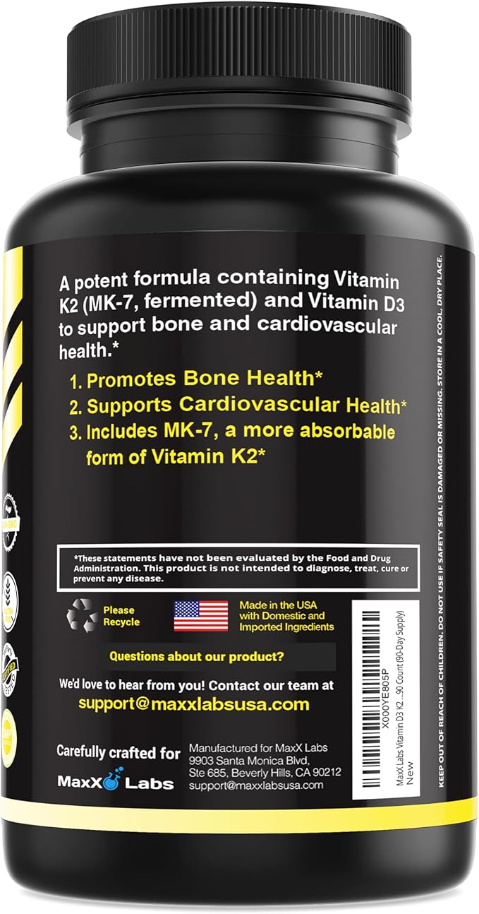 Vitamin D3 K2 3000 IU - with Vitamin K as MK-7 from Natto - High Potency Vitamin D Supplement Support Healthy Bones Teeth Heart &amp Immune Function Gluten-Free - 90 Capsules