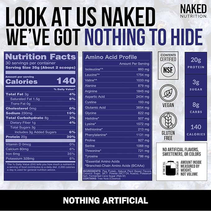 Naked Shake - Blueberry Muffin Protein Powder - Flavored Plant Based Protein from US &amp Canadian Farms with MCT Oil NSF Certified Gluten-Free Soy-Free No GMOs or Artificial Sweeteners - 30 Serv