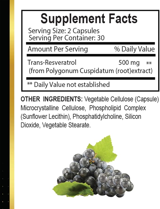 Trans-Resveratrol Supplement | Polyphenol Antioxidant | Cellular Wellness &amp Energy Support | Lifestyle &amp Vitality Support - 2 Bottles 120 Capsules
