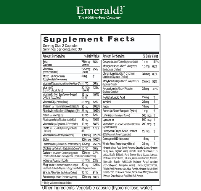 EMERALD LABS Complete Premium Multi - Multivitamin for Digestive &amp Immune Support with Vitamin C as PureWay-C B Vitamin Complex Albion Chelated Zinc &amp More - 60 Vegetable Capsules (30-Day Su