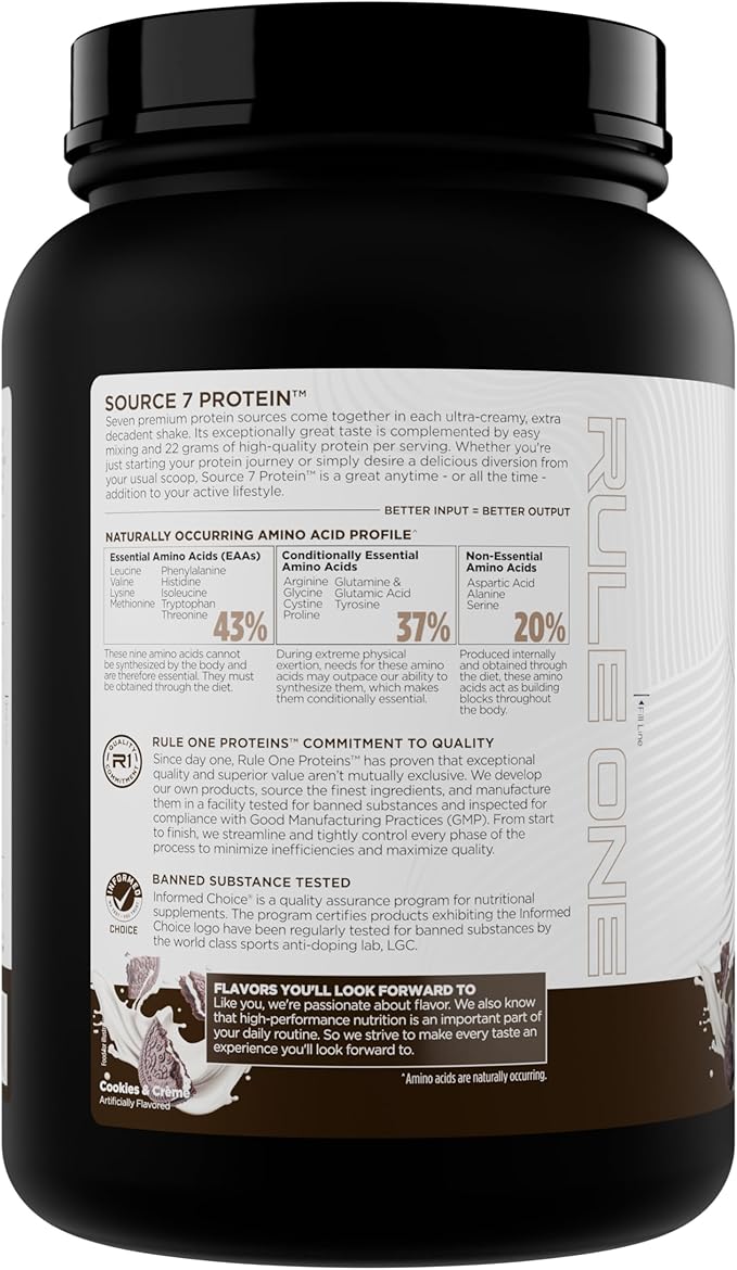 Rule 1 Source 7 Protein – Decadent Flavor Velvety Smooth Texture 22g Anytime Protein and 10g Naturally Occurring EAAs Per Serving from 7 Premium Sources (1.8 Pounds* Cookies &amp Cream)