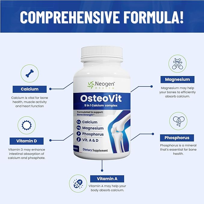 OsteoVit 5-in-1 Calcium 120 tabs Multivitamin: Calcium Magnesium Phosphorus Vitamin D3 &amp A - Bone Strength &amp Flexibility* Non-GMO Gluten Free | Calcium Supplement for Women &amp Men with