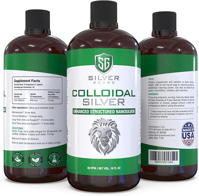 Enhanced Colloidal Silver Liquid Immune Support Supplement—30ppm Pure &amp Natural Structured Silver Water—Organic Colloidal Silver Solution—16 oz Bottle (1 Pack)