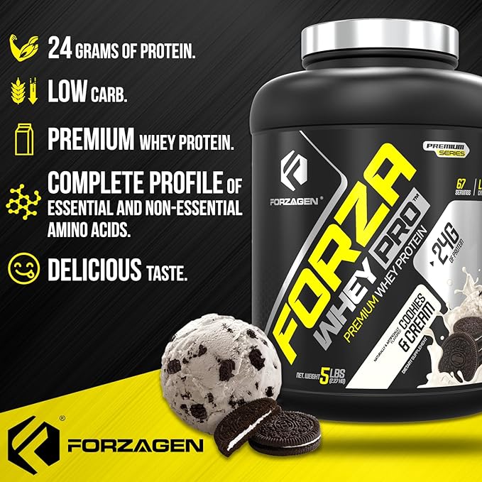 Forzagen Whey PRO Low Carb Protein Powder | 24g of Protein per Serving Low-Sugar Premium Whey for Shakes &amp Mixes for Men &amp Women BCAA | Cookies &amp Cream 5 lbs. (67 Servings)
