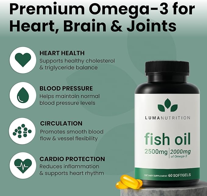 Luma Nutrition Omega 3 Fish Oil Supplement - Extra Strength 2500mg - 2000mg EPA &amp DHA - Brain and Heart Health - 60 Softgels (Pack of 2)