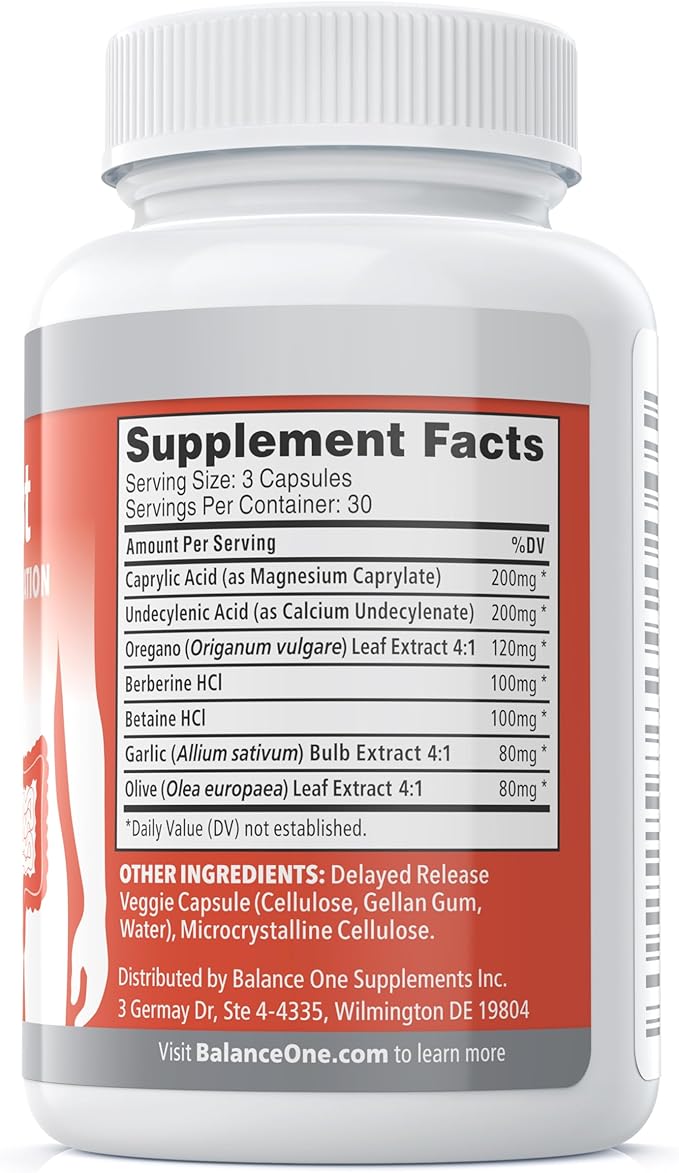 Balance ONE Candida Cleanse &amp Yeast Support Complex – Caprylic Acid Undecylenic Acid Berberine &amp Oregano Leaf – Gut Flora Balance for Women &amp Men – 90 Delayed Release Capsules – CandAssi