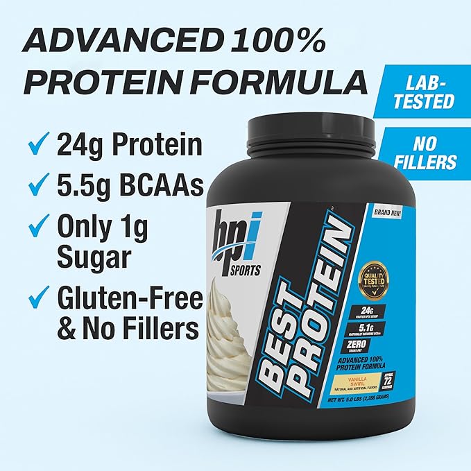 BPI Sports Best Protein – 100% Whey Protein Powder – Muscle Growth Recovery Meal Replacement – No Fillers Gluten-Free – Best Protein Powder for Men &amp Women | Vanilla Swirl – 5 Pounds