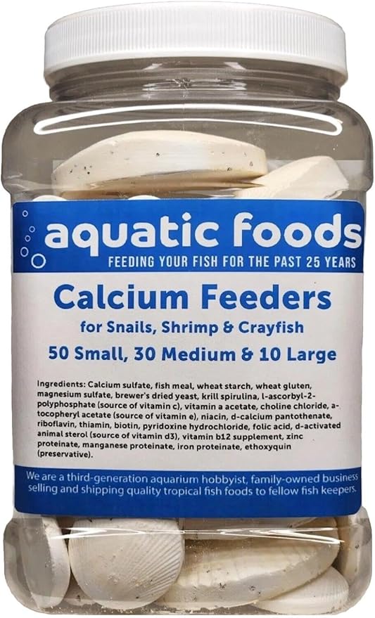 Aquatic Foods Inc. Calcium Feeder Disks for Shrimp Snails Crabs Crayfish Hermit Crabs and All Tropical Fish 90 Count Jar of Small &amp Medium &amp Large Feeder Disks