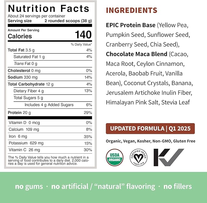 Sprout Living Epic Protein Plant Based Protein &amp Superfoods Powder Chocolate Maca Powder | 20 Grams Organic Protein Powder Vegan Non Dairy Non-GMO Gluten Free Low Sugar (2 Pound 24 Serving