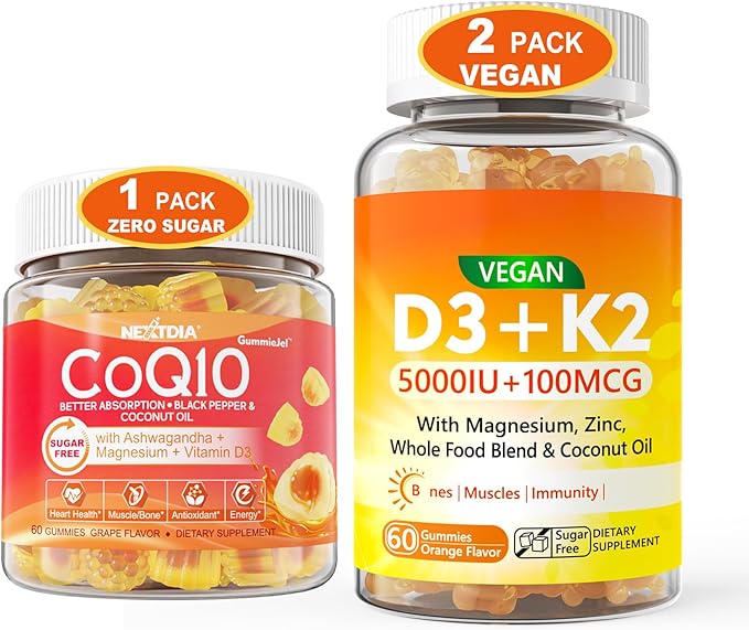 CoQ10 200mg Filled Gummies 1 Pack + Vegan Vitamin D3 5000IUK2 Gummies 2Pack