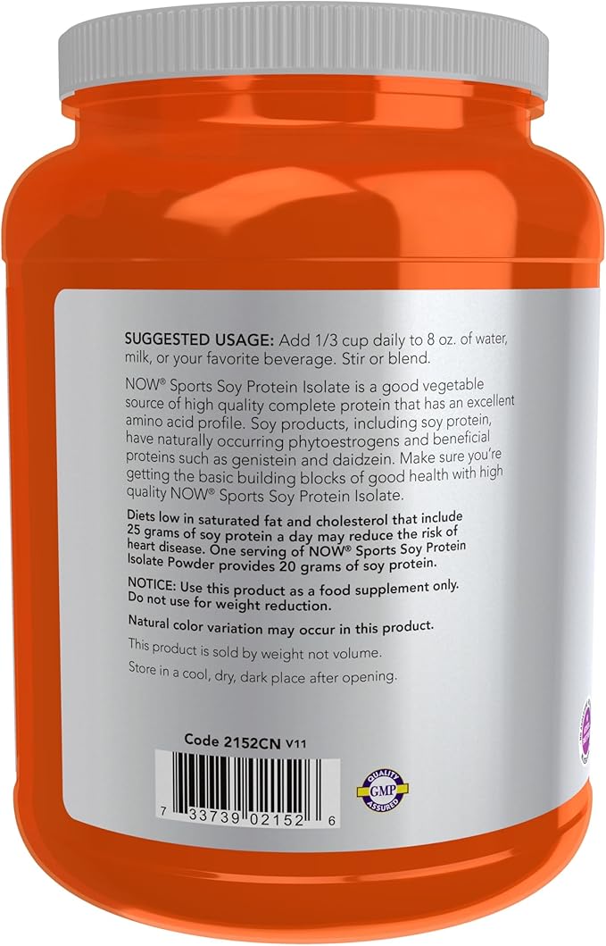 NOW Foods Sports Nutrition Soy Protein Isolate 20 g 0 Carbs Unflavored Powder 2-Pound
