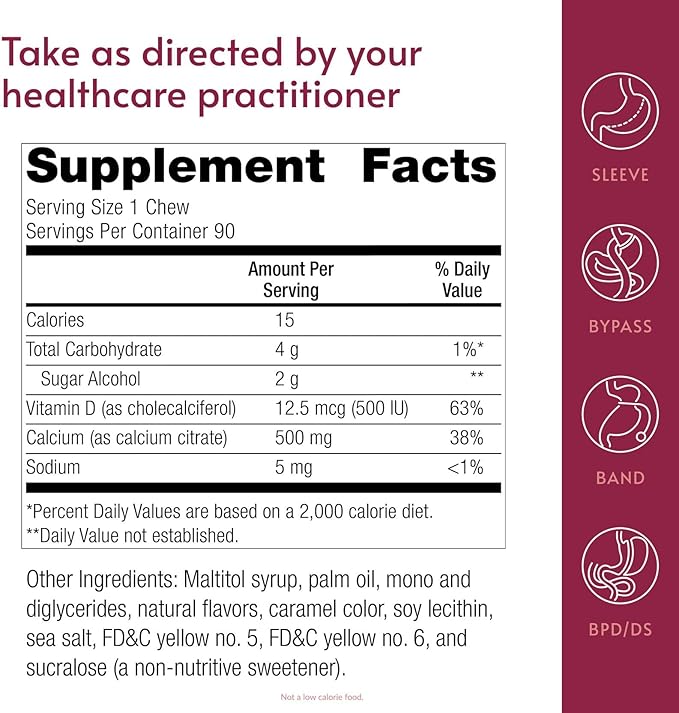 Bariatric Advantage Calcium Citrate Chewy Bites 500 mg - Highly Absorbable &amp Digestible - Vitamin D3 - Easily Chewable Calcium Supplement - Caramel Flavor - 90 Count