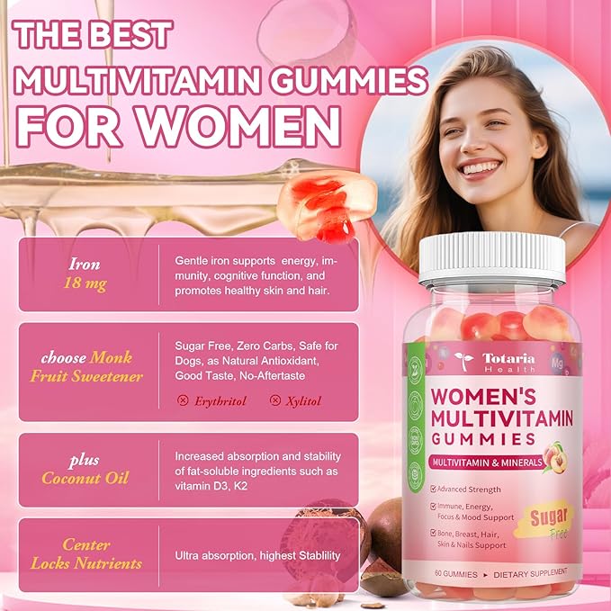 Totaria Sugar Free Multivitamin Gummies for Women 14+ w/Iron Inositol Folate Biotin Womens Daily Multivitamin Gummy w/Vitamin A C B D3 K2 for Hair Skin Energy Immune Peach Flavor
