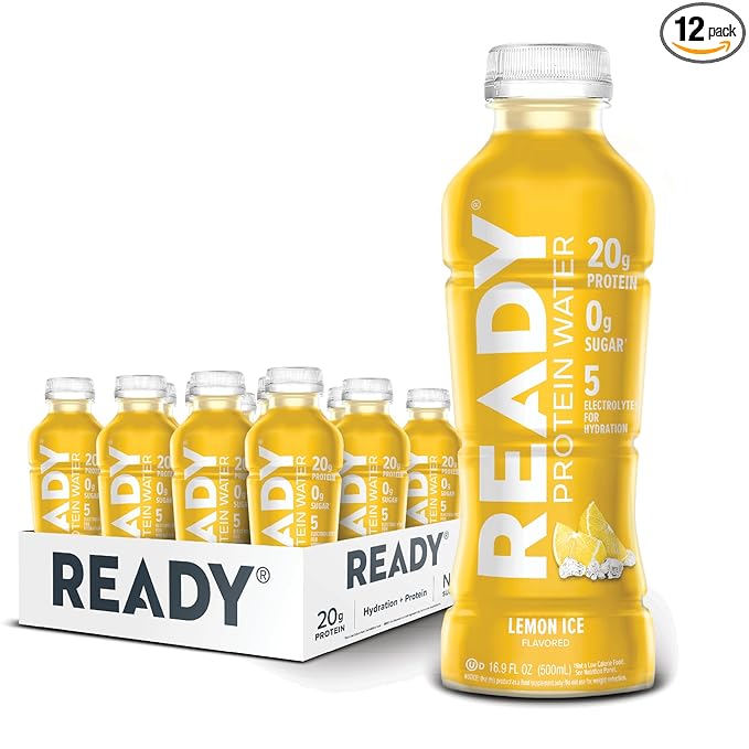 Ready® Clear Protein Water – 20g Whey Protein Isolate Zero Sugar Low-Calorie Sports Drink for Hydration &amp Recovery – Electrolytes Essential Amino Acids – Lemon Ice 16.9 fl oz Bottles (12-Pack)