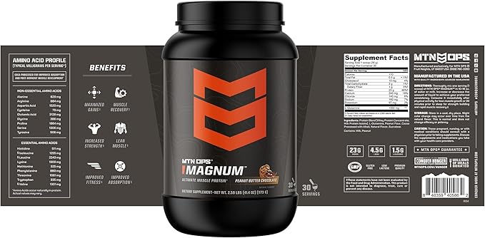 MTN OPS Magnum Peanut Butter Chocolate Protein Powder 23g of Whey Isolate Protein &amp Milk Protein with BCAAs Zero Sugar &amp Gluten Free 30-Servings