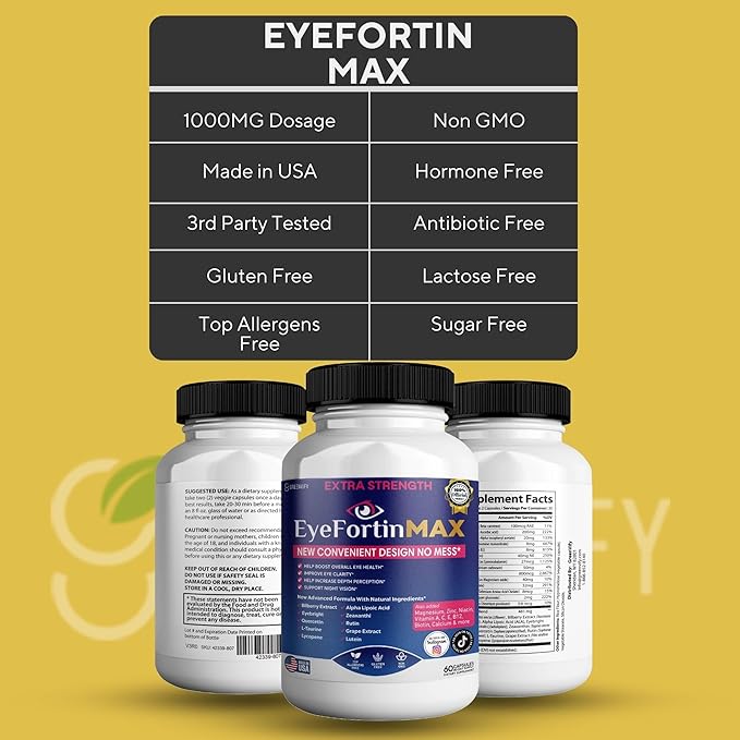 EyeFortin MAX Eye Health Supplement 60 Capsules Extra Strength with Lutein Vitamins A C E B12 Bilberry Extract 30 Day Supply (2)