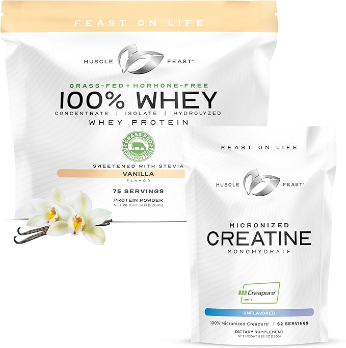 Muscle Feast Micronized Creapure Creatine Monohydrate - Unflavored 250g (x1) and 100% Whey Concentrate Isolate &amp Hydrozlyed Blend - Vanilla 5lb (x1) - Muscle Recovery and Performance Bundle