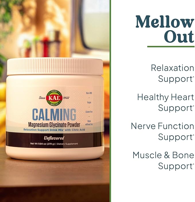 KAL Calming Magnesium Glycinate Powder Plus Citric Acid - Unflavored - Nervous System Bone and Relaxation Support Drink Mix - No Sugar - 60-Day Guarantee 40 Servings 8.5 OZ