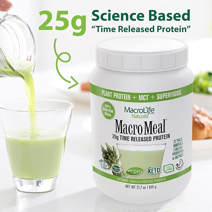 MacroLife Naturals MacroMeal Vegan Protein Powder Superfood Greens Probiotics + Fiber Immune Energy Digestive Daily Essentials for Women &amp Men Gluten-Free - (15 Servings) (15 Servings Vanilla)