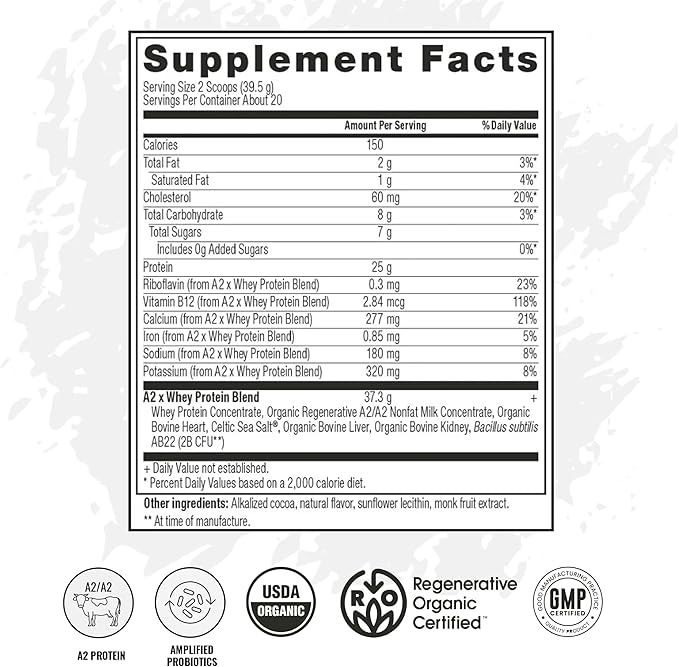 A2 Protein Powder Chocolate Milk 25 G Protein per Serving Organic A2/A2 Whey Casein Blend with Probiotics and Celtic Sea Salt Gluten Free Workout Supplement Non GMO 20 Servings 27.4 Oz