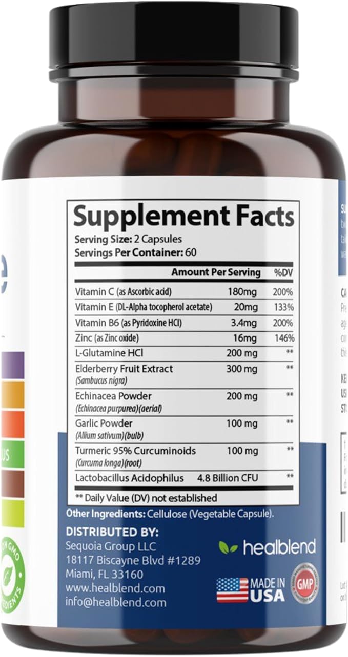 healblend 10 in 1 Immune Support Supplement Booster with Elderberry Zinc Echinacea Turmeric Lactobacillus Acidophilus for Adults [120 Capsules]