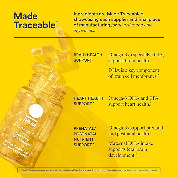 Ritual Omega 3 - Vegan - Science-Backed Dose of DHA &amp EPA Fatty Acids in 2:1 Ratio Bioavailable Brain and Heart Health Support Minimal Burp-Back Sustainably Sourced Microalgae 30 Day Supply
