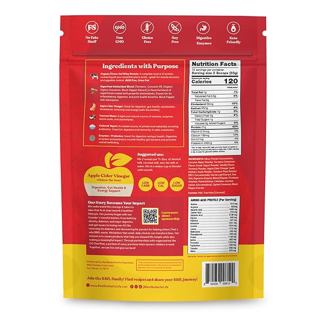BBfL Grass-Fed Whey Protein Shake – 21g rBGH-Free Protein Turmeric + Curcumin 95% + Ceylon Cinnamon Apple Cider Vinegar Prebiotics Digestive Enzymes Supports Inflammatory Response – All-in-One Sh