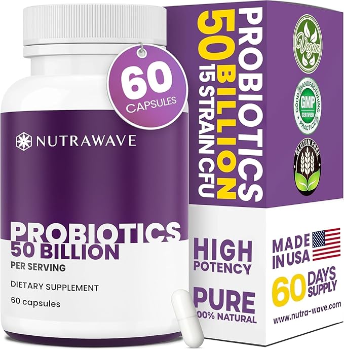 Nutrawave 50 Billion Probiotics for Women &amp Men 15 Strains Active Culture. Relieves Bloating &amp Constipation Improved Digestion &amp Gut Health Supplement Vegan. 60 Powerful Small Capsules.