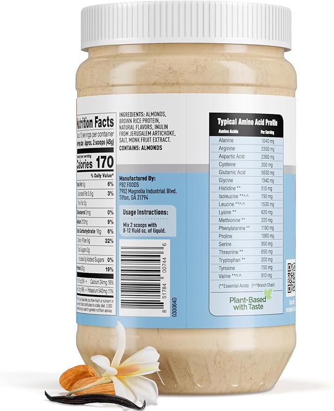 PB2 Performance Almond Plant Based Vegan Protein Powder | 20g Complete Protein No Added Sugar Prebiotic Fiber | Dairy Free Certified Vegan Non-GMO Gluten Free [Almond w/Madagascar Vanilla 1LB]