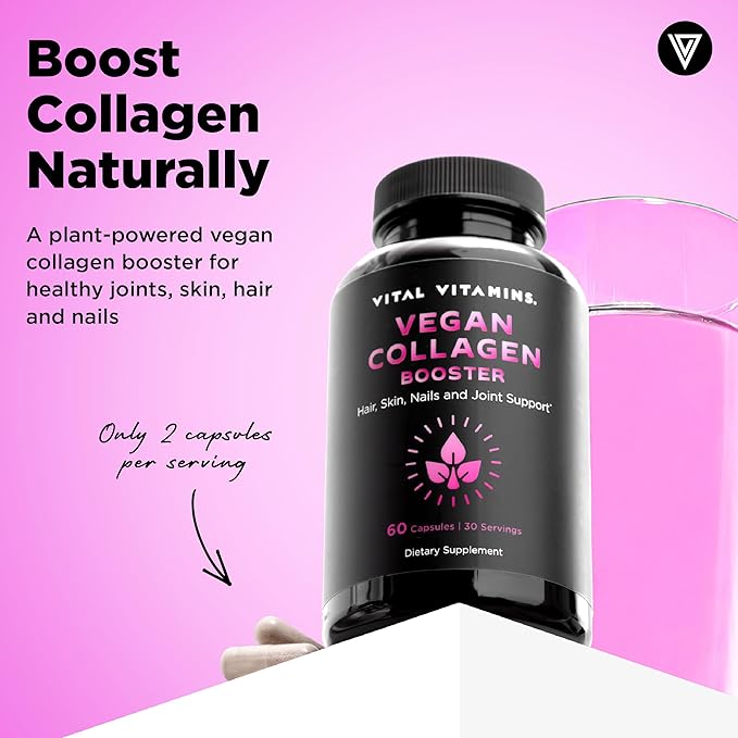 Vital Vitamins Vegan Collagen Booster - with Silica and Hyaluronic Acid - Plant-Based Collagen Supplements - Supports Hair Skin Nails &amp Joints - 60 Capsules