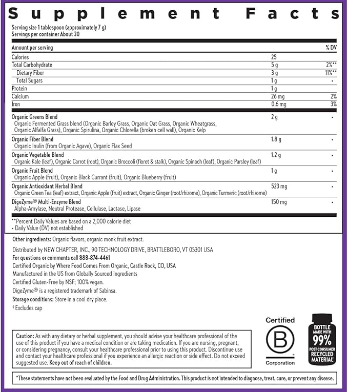 New Chapter All-Flora Digestive Super Greens Powder for Gut Health - Clinical-Strength Digestive Enzymes + USDA Organic Chlorella Spirulina Fermented Greens – Delicious &amp 100% Vegan 30 Servings