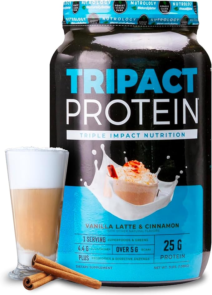 Nutrology TRIPACT Protein Powder - 7-in-1 Meal Replacement Shake with Grass Fed Whey Protein Powder Pea Rice Greens for Muscle Recovery &amp Immunity Vanilla Latte &amp Cinnamon Flavor 40 Servi
