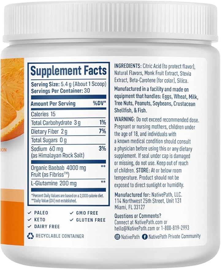 NativePath Organic Baobab Prebiotic Fiber Powder - Digestive Health Supplement - Natural Orange Flavor 30 Servings