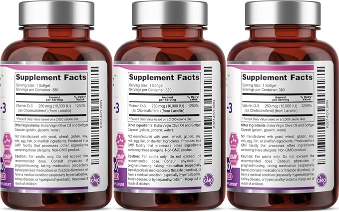 biophix Vitamin D-3 10000 IU 380 Softgels 3 Pack - High-Potency in Extra Virgin Olive Oil Non-GMO Soy-Free Supports Strong Bones Immune Health