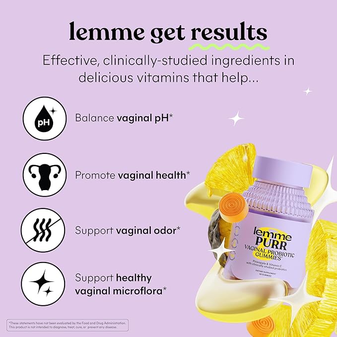 Lemme Purr Vaginal Probiotic Gummies for Women - Balanced pH Healthy Odor Yeast Balance &amp Flora Support + Vitamin C for Immune Health - Tasty Pineapple (60 Count)