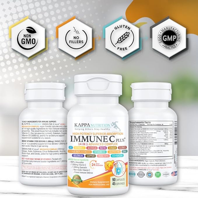 Quercetin 1000mg Vitamin C 1000mg Zinc 50mg Vitamin D3 5000iu Selenium Copper Acerola Ginger Rutin Bitter Orange Rose Hips Echinacea Immune C Plus 14 in 1 Immune C Plus (120 Count)