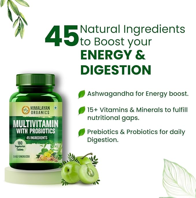 Generic Multivitamin with Probiotics - 45 Ingredients Supplement for Men and Women | Vitamin C D E B3 B5 B12 Zinc Magnesium Giloy &amp Biotin | Good for Bone &amp Joint Support -180 Veg Tabl