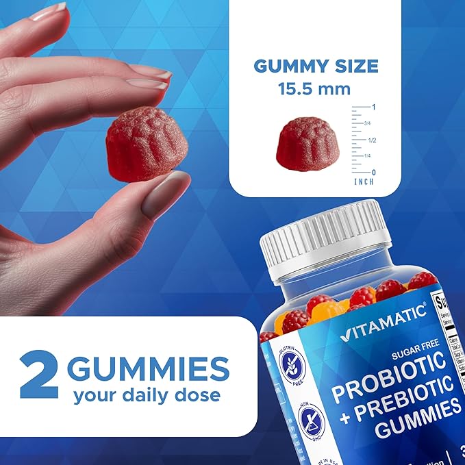 Vitamatic Sugar Free Probiotic Gummies for Men and Women – 5 Billion CFUs - 60Gummies per Bottle | 2 Pack (120 Gummies) Digestive Immune &amp Gut Health Support – Gluten Free