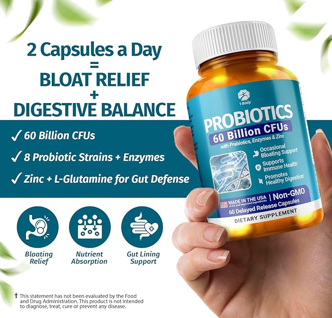 1 Body 60 Billion Probiotics for Men &amp Women Gut Health for Men &amp Women with Prebiotics Digestive Enzymes Zinc &amp L-Glutamin Non-GMO 60 Vegan Digestive Probiotic Capsules