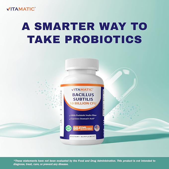 Vitamatic Bacillus Subtilis 10 Billion per DR Capsule - 60 Count - Digestive Gut &amp Immune Health Support - Made with Prebiotic Inulin Fiber-2 Pack