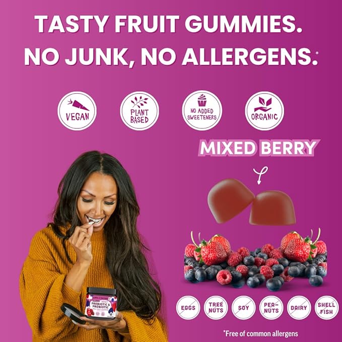 Llama Naturals Probiotics for Women and Men with Prebiotic Fiber Vegan Organic Probiotic Gummies for Gut Health Support Adults Real Fruit Gummy Vitamins No Added Sugar Cane Mixed Berry 60 Ct