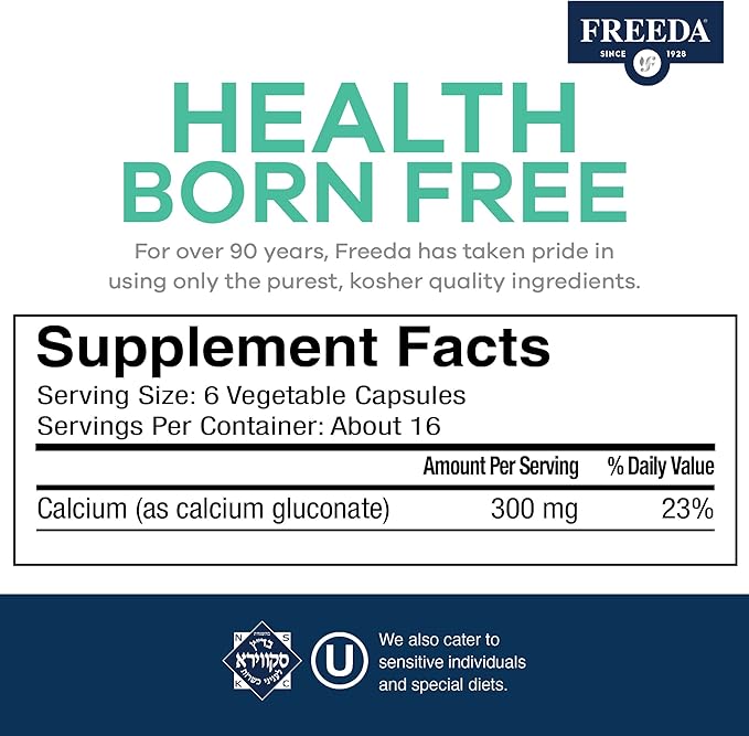 Freeda Calcium Gluconate – Kosher Vegan Calcium Supplement – Easy to Digest &amp Absorb – Supports Bone Strength – Pure Calcium Without Vitamin D – (500 Capsules)