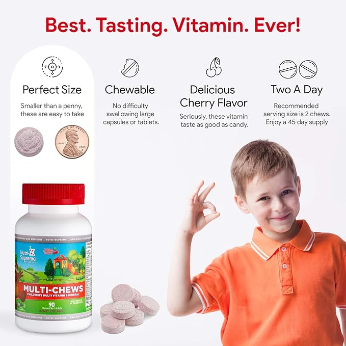Delicious Kids Multivitamin 90 Vegetarian Gummies – Complete Children’s Supplement with Essential Vitamins and Minerals - Vitamin A B C D3 Calcium Iron Folic Acid Zinc – Cherry Flavor