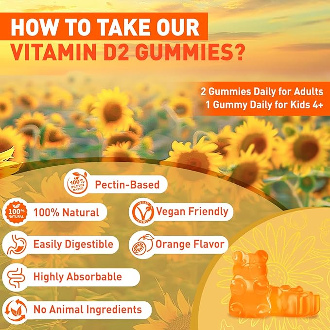 Vitamin D2 Gummies 2000 IU Plant-Based D2 Vitamin Supplement from Whole Mushroom Immune Support Daily Sunshine SupplyVegan Non-GMO Orange 120
