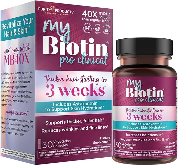Purity Products MyBiotin ProClinical – Thicker Hair Starting in 3 Weeks &amp Fights Wrinkles - MB40X Patented Biotin Vitamin B7 Matrix w/Astaxanthin - 40X More Soluble vs Ordinary Biotin 30 Veg Caps