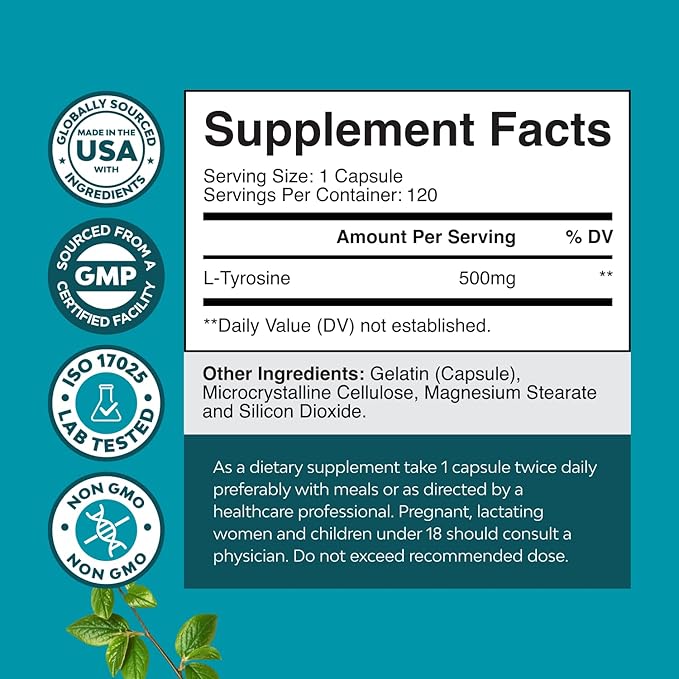 Bundle of Nootropic Memory Supplement and Potent L Tyrosine 500mg Capsules - Memory Pills for Brain Boost and Natural Energy Booster - Amino Acid Nutritional Supplement for Brain Health