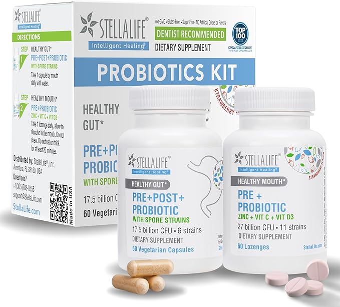StellaLife Probiotics Oral &amp Gut Prebiotics Post Probiotics Kit: 44.5B CFU 11 Oral &amp 6 Gut Spore strains for Digestive &amp Dental Health Bad Breath Treatment Tongue Hygiene Strawberry Fl
